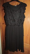 Boohoo black dress with lace bodice and pleated flare skirt size 14