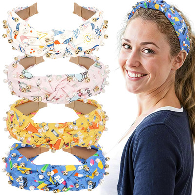 4Pcs Teacher Jeweled Knotted Headband - Back to School Gift Book Pencil Beaded P
