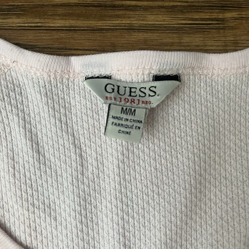 GUESS Long Sleeve Waffle Knit Shirt M Pink Logo Y2K McBling Spellout Coquette - Picture 3 of 7