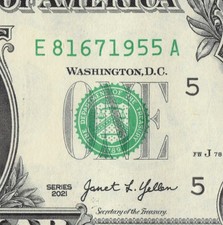 Year Note 1955 in the Serial Number Series 2021 $1 Dollar Bill E81671955A