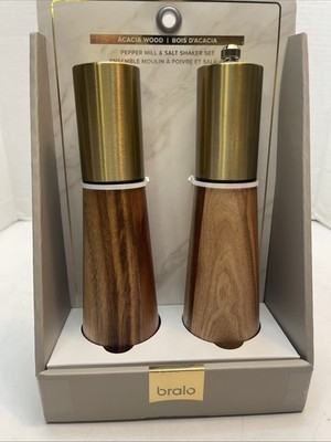 Bralo Pepper Mill & Salt Shaker Set, Acacia Wood  Gold Tops New