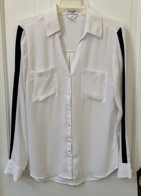 #ad Express Portofino Shirt quot;Slim Fitquot; Size M Blouse White W Black Stripe On Sleeve $16.49