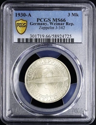 Weimarer Republik 3 Reichsmark 1930 A Weltflug Graf Zeppelin 1929 PCGS MS66 - Bild 1 von 2