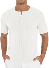 NITAGUT Mens Slim Fit Henley Shirt Short Sleeve Button White Size L