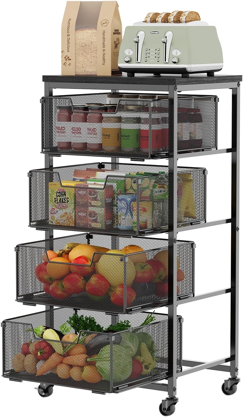 4-Tier Fruit Vegetable Storage Cart Kitchen Organizer & Storage Cart W/ Wheels