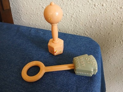 Vintage 1950's Heinz Baby Food Promotional Pink Blue Plastic 5'' Long Baby Rattle