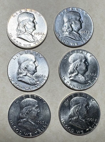 LOT OF (6) FRANKLIN HALF DOLLARS-AU/BU-90% SILVER - FREE INSURED SHIPPING!