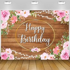 Pink Flowers Happy Birthday Banner Brown Wooden Floral 5.9x3.6Ft, S2