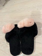 Women's Black Faux Fur Slide Slip-On Slippers Pink Pom-Pom US 8