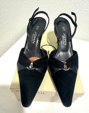 Vintage St John Slingbacks Black Heels Ankle Strap Shoes Suede Leather 7B Dressy