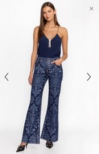 Johnny Was Womens Printed Straight Flare Stretch Denim Jeans Size 26 Dark Wash