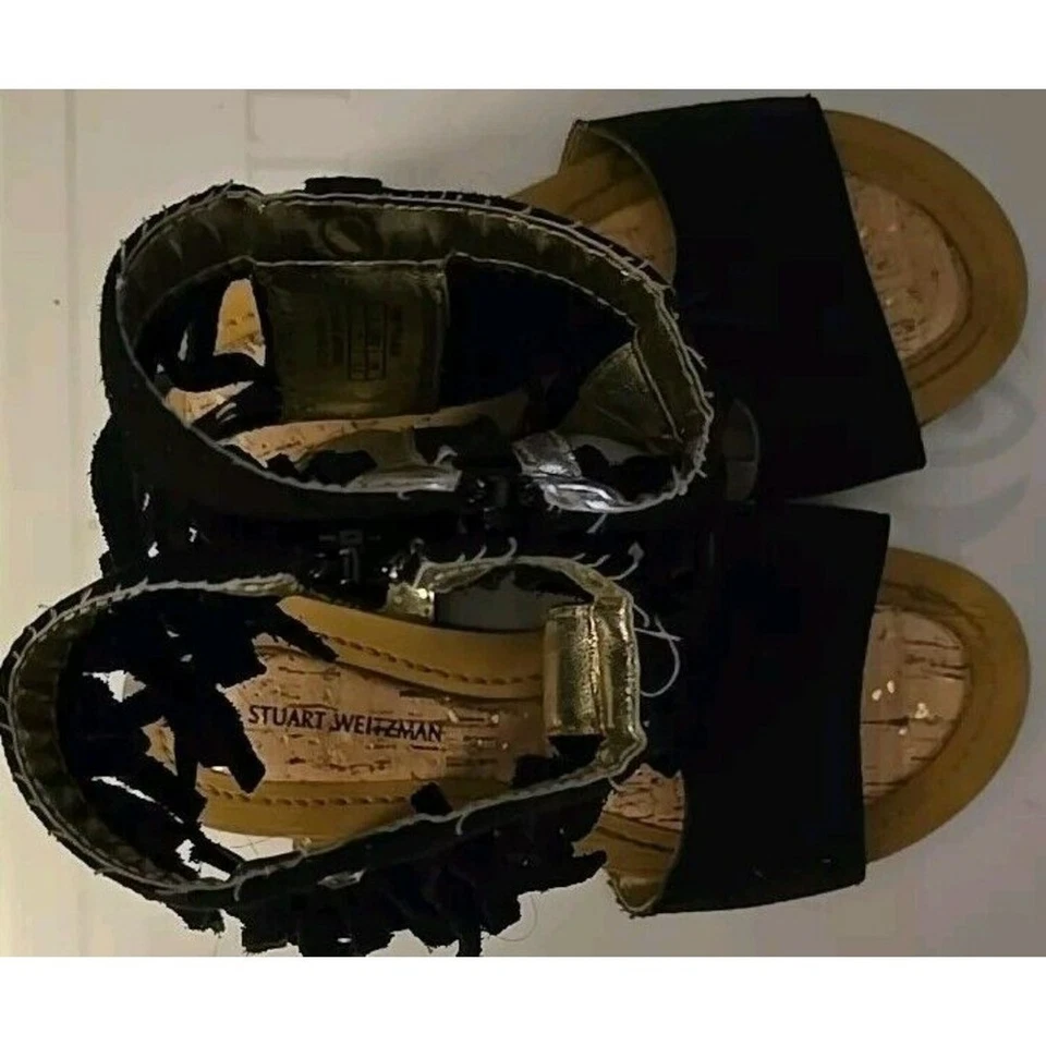 Sandalias Stuart Weitzman Niñas Gamuza Camia Flecos Negras Romanas Talla 13 Foto 2 de 4