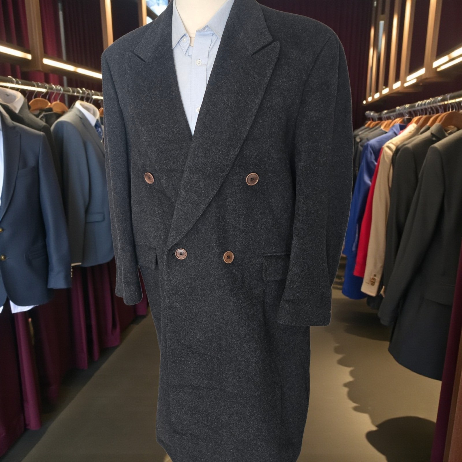 Lubiam Double Breasted Peak Lapel Overcoat 42r 52 It Full Length Flannel