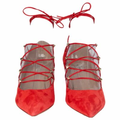58480 auth VALENTINO red suede ROCKSTUD Lace-Up Kitten Heel Pumps