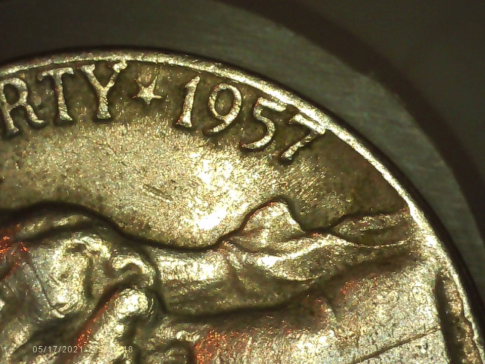 1957 Jefferson Nickel, DDO, off-center, Overstruck, Die gouge, GEM! Rare 5c - Image 2 of 4