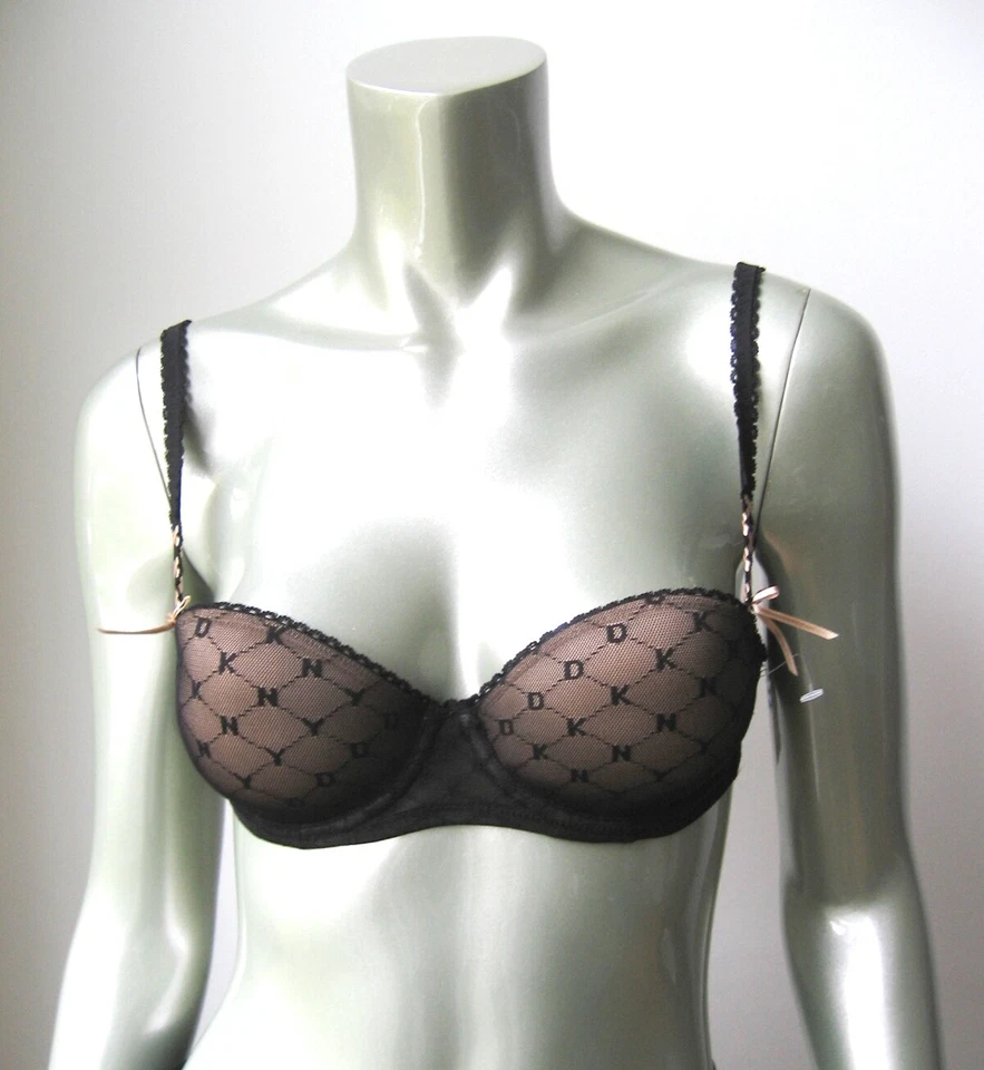 www.prominentresults.com :XB090 DKNY NEW 453704 Logo Embroidered Mesh Overlay Contour UW Bra Nude Black