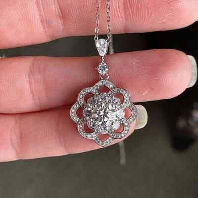 3Ct Round Cut Diamond Flower Pendant 14k White Gold Plated 16''Free Chain