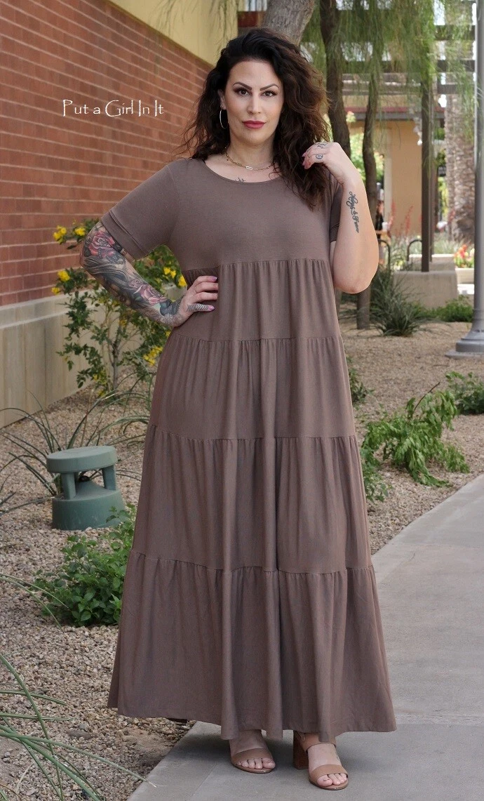 New Womens PLUS SIZE SOFT MOCHA TAUPE JERSEY TIERED BOHO MAXI DRESS 1X 2X  USA