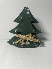 Wood Block Christmas Tree 7 Rattan Tied Button Frosted Snow Handmade Winter