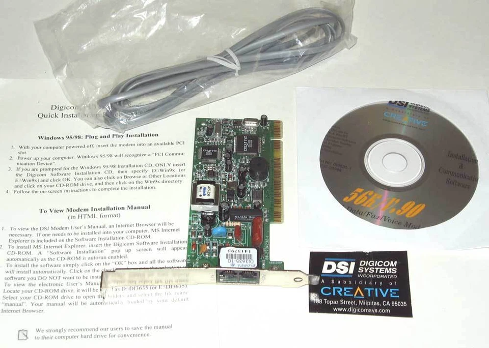 DSI Creative DI3635-10 Data/Fax PCI Modem 56Kbps PCI Bus (Plug & Play) V.90 - Image 2 of 2