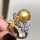 Designer HUGE AAAA++  9-10mm Real Natural South Sea Golden round Pearl Ring 925S