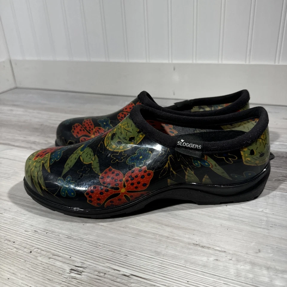 Sloggers Mujer Impermeable Goma Jardín Zuecos Zapatos Talla 9 Negro Rojo Floral Foto 2 de 4