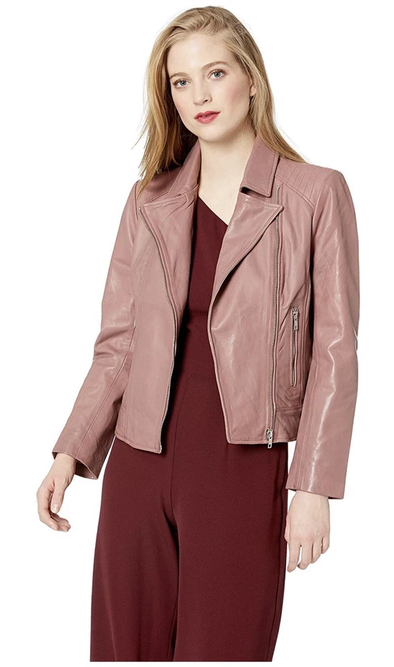 New $368 BB Dakota XS Real Leather Pink Rose Taupe Moto Jacket Coat - Image 2 of 4