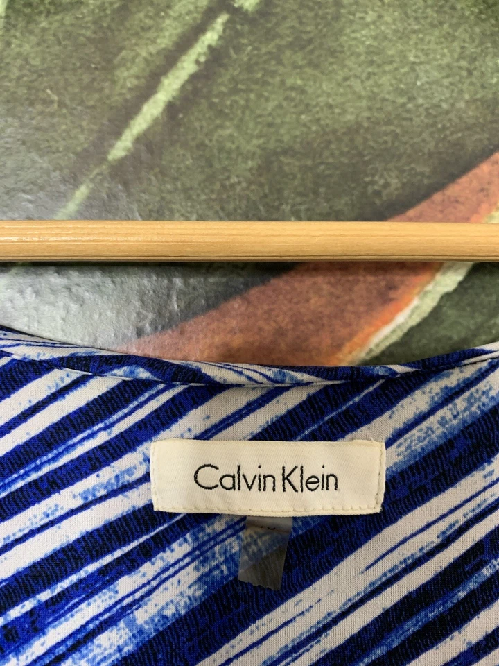 Maxi Vestido Elástico Calvin Klein 1X Azul Rayas Escote Corpeado Sin Mangas Foto 4 de 4