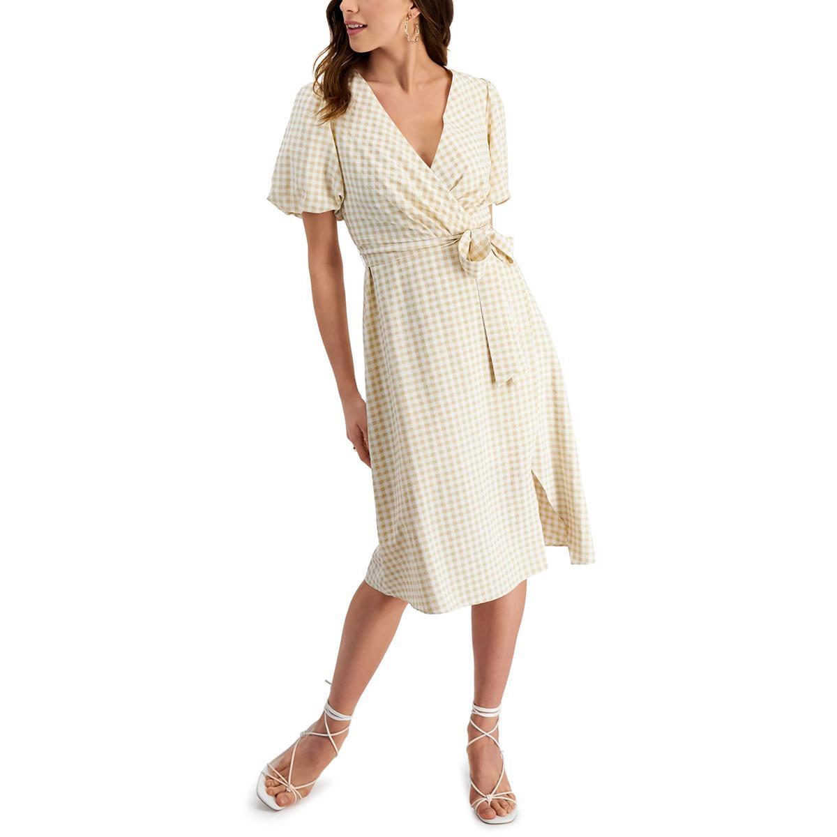 Женское бежевое плиссированное миди-платье Kensie в клетку из искусственной кожи с запахом 0 BHFO 4881