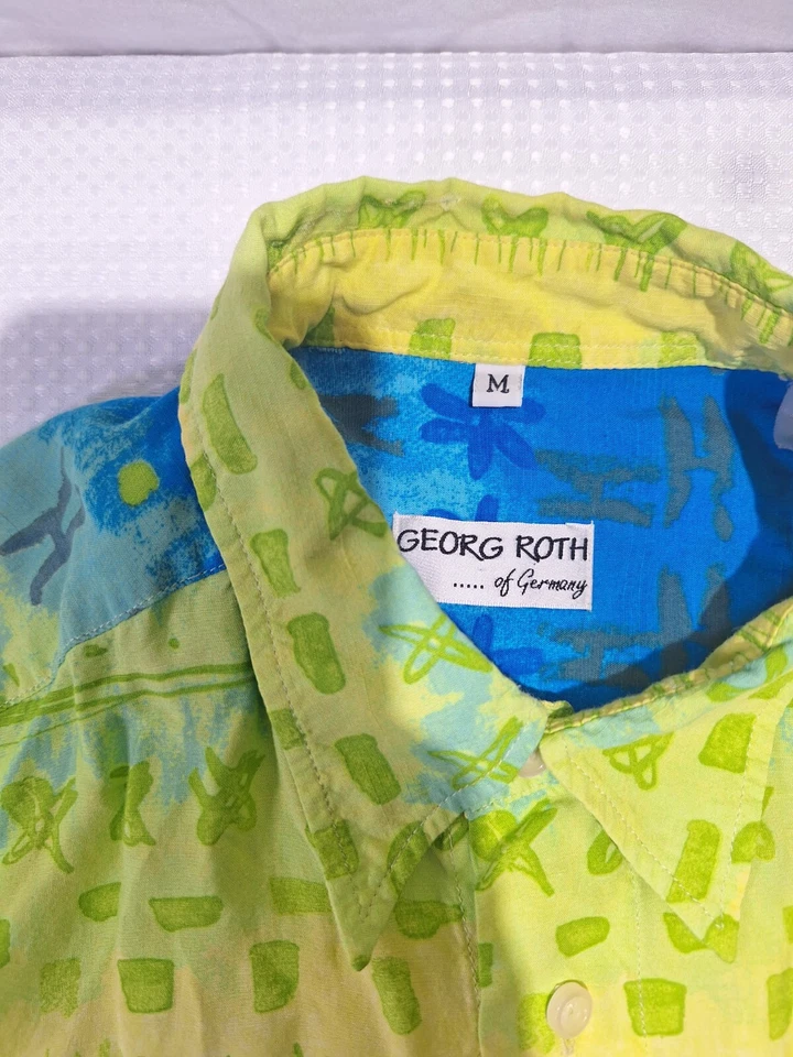 GEORG ROTH GREEN BLUE HAWAIIAN BUTTON DOWN SHORT SLEEVE SIZE MEDIUM VINTAGE - Image 2 of 4