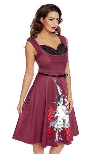 Lindy Bop Size 22 Ophelia Floral Stag Deer Swing Dress Black Red BE3