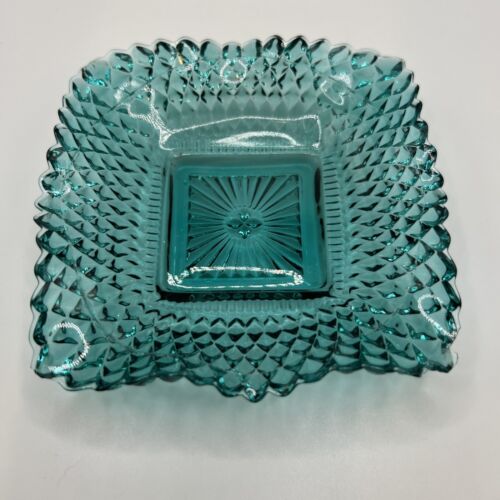 Vintage Indiana Glass Square shaped Ruffle Blue Green Trinket Candy/Nut Dish - Picture 1 of 3