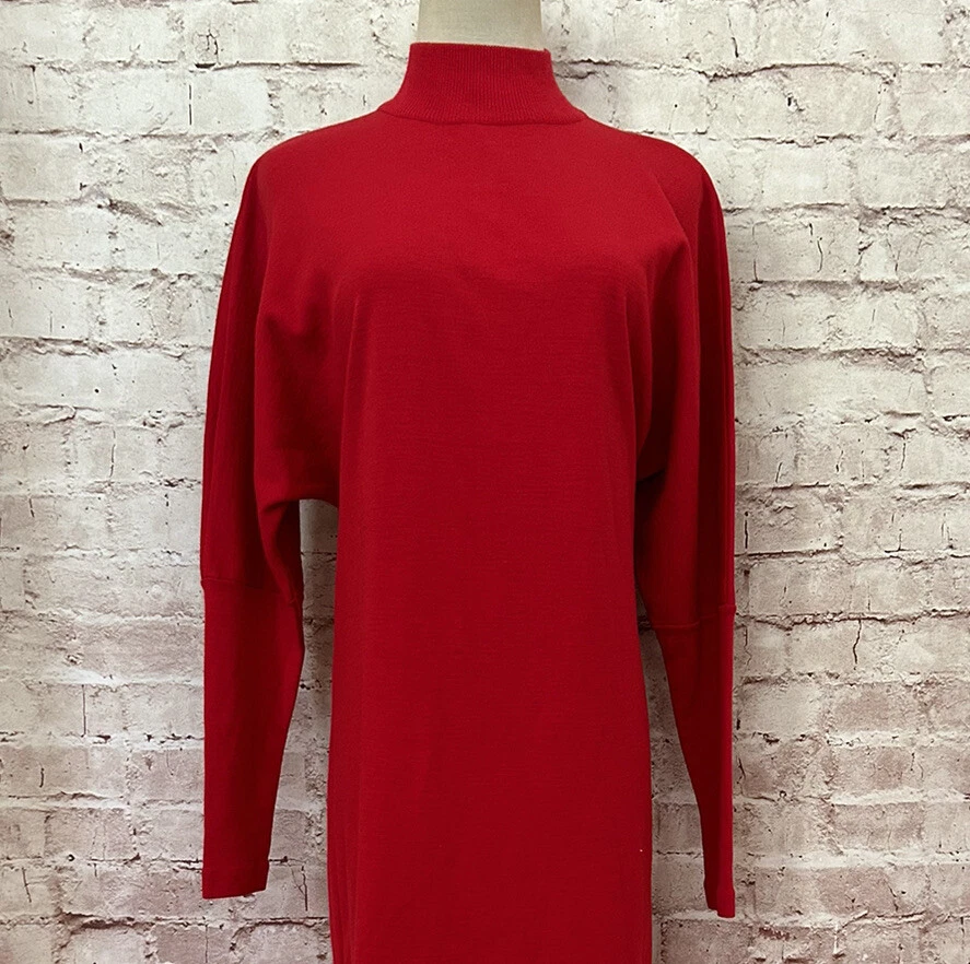 VINTAGE Liz Claiborne Dress MEDIUM Red Shift Sweater Dolman Sleeve Mock Wool 80s - Image 2 of 4