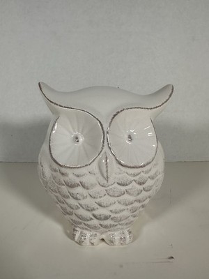Decorative Ceramic White Glazed Owl with Brushed Tan Feathers