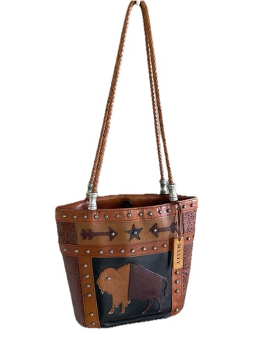 Scully Western hand bag Buffalo Motif Studded Braided Handles Brown