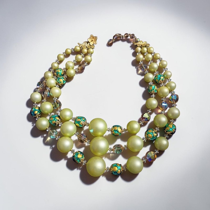 Vendome Faux Pearls and Swarovski Aurora Art Glass Triple Strand Necklace