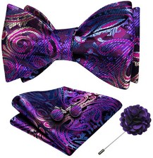 Mens Bow Tie Set with Lapel Pin Brooch Purple Blue Silk Self Tie Bowtie Handk...