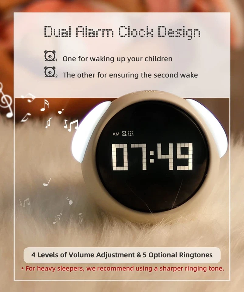 Kids Alarm Clock, Dual Alarm, Voice Control, Night Light, Temperature Display - Image 4 of 4