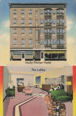 Molly Pitcher Hotel Carlisle PA Linen Postcard Lobby & Exterior Vintage