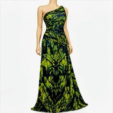 Halston Heritage Goddess Maxi Dress Navy Lime One Shoulder Draped Ikat Gown Sz 2