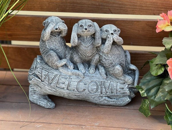 Frostfeste Steinfigur 3 ErdmäNnchen Welcome 24 Cm Gartenfigur Steinguss-image