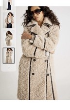 River Island Faux Fur Teddy Fleece Winter Jacket Coat Heritage Cream Pockets 18