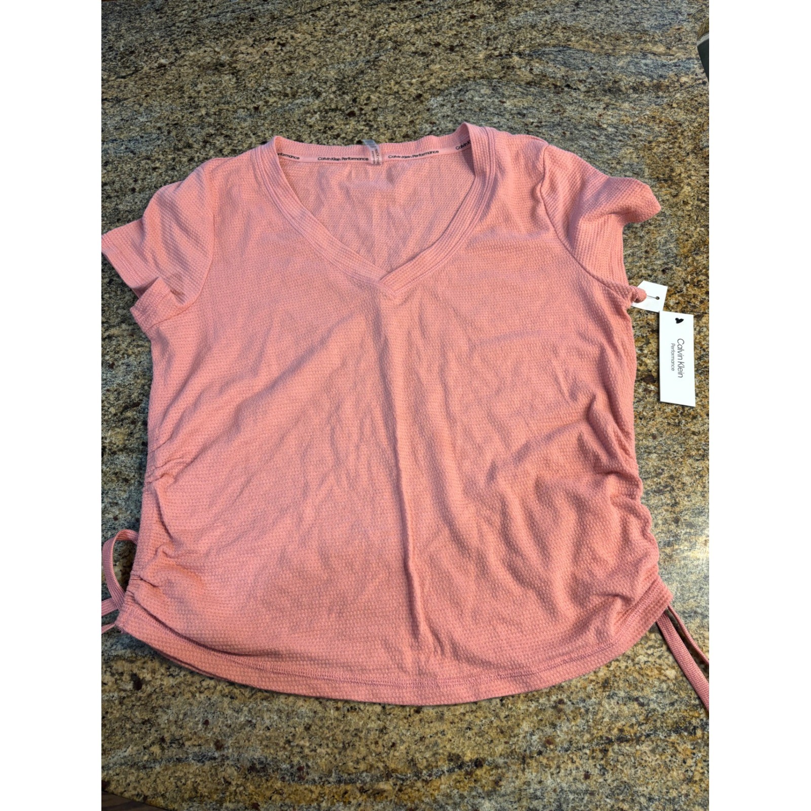 NWT Calvin Klein Performance Womens V-Neck Ruched Side Waffle Knit Top Pink L