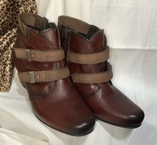 Taos Red Brown Leather Ankle Boots 37Eu/ 6.5Us Side Zip Buckle Strap Heel