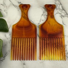 Vintage 80s Hair Pick Combs Lot of 2 Tortoise Shell Brown Hard Plastic Hong Kong