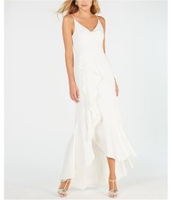 Adrianna Papell Womens Ruffled High Low Gown Dress, white, 14