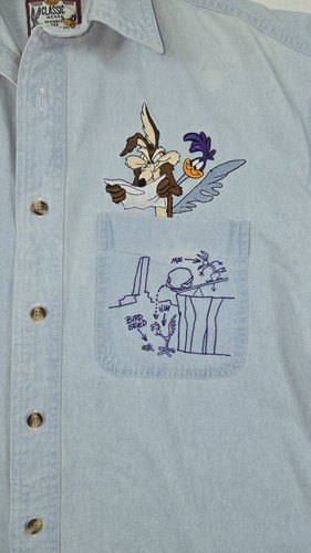 Vtg 90s Looney Tunes Button Up Denim Shirt S Warner Bros Embroidered Roadrunner - Picture 2 of 13