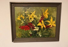 Ölbild in Spachteltechnik inclusive Rahmen, Lilien, Fresien, Salvien.