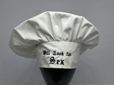 VTG 60s-70s Chef's Cotton Work Cap Chef's Hat Embroidered Will Cook For Sex Adj