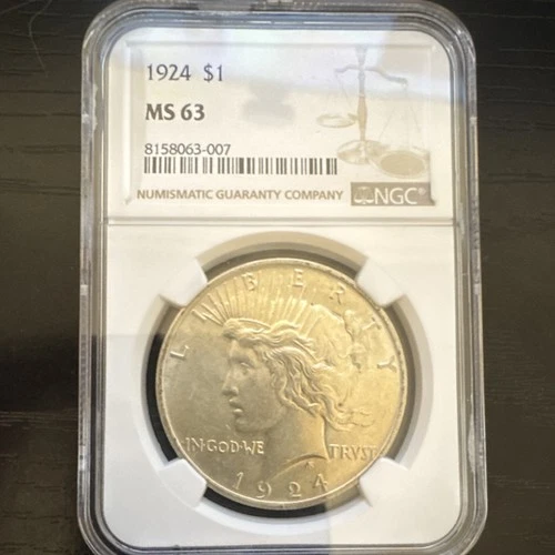 1924 Peace Dollar $1 Silver Coin NGC MS 63 Philadelphia Certified